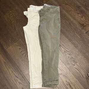 Size 6 Gap khaki pants are “slim city” and olive are “skinny boyfriend”.